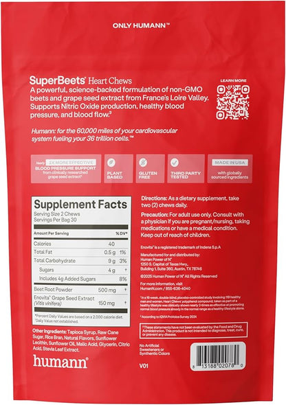 Humann SuperBeets Heart Chews, Beet Root Powder Support Energy Supplement, Nitric Oxide and Blood Pressure Support, Grape Seed Extract & Non-GMO, Heart Health, Pomegranate Berry Flavor, 180 Count