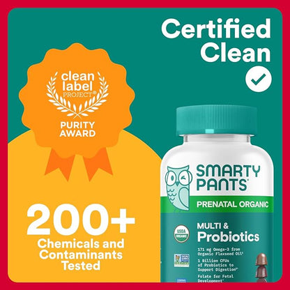 SmartyPants Organic Prenatal Vitamins for Women, Multivitamin: Probiotics, Biotin, Methylfolate, Omega3(ALA), VitaminD3,C, VitaminB12, B6, A, K2 & Zinc,Choline, (30 Day Supply), 120 Count (Pack of 2)