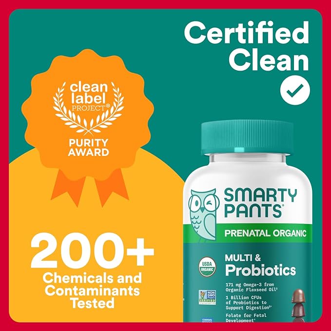 SmartyPants Organic Prenatal Vitamins for Women, Multivitamin Gummies: Probiotics, Biotin, Methylfolate, Omega 3 (ALA), Vitamin D3, C, Vitamin B12, B6, A, K2 & Zinc, Choline, 120 Count (30 Day Supply)