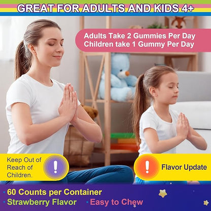 Magnesium Glycinate Gummies for Adults & Kids 4+, Sugar Free Magnesium Bisglycinate Supplement 400/200mg with B6D3, 5HTP, L-Theanine for Sleep & Relaxation, Brain, Muscle, Melatonin Free Gummies,1Pack