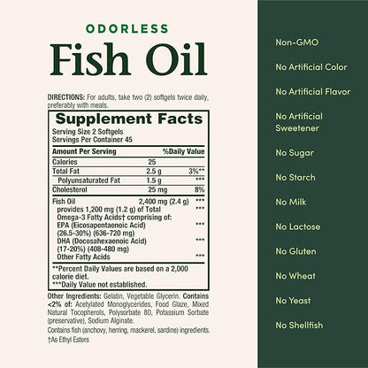 Nature's Bounty Odorless Fish Oil, 1200mg Omega-3 per Serving Including EPA & DHA, Supports Heart Health, Purified to Eliminate Mercury, Coated Softgels, Gluten Free, No Shellfish, 90 Ct