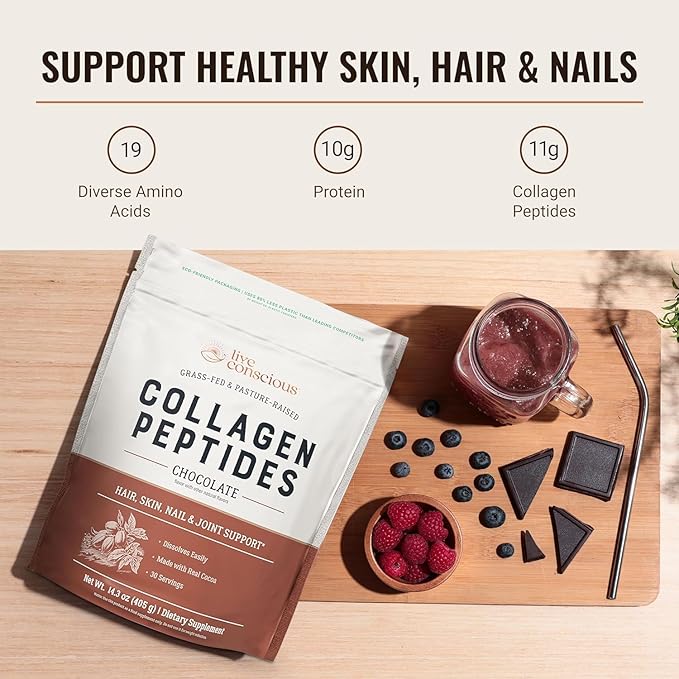 Live Conscious Collagen Peptides Powder - Chocolate Collagen Powder - Hair, Skin, Nail, and Joint Support - Type I & III Grass-Fed Collagen Supplements for Women and Men (2-Pack)