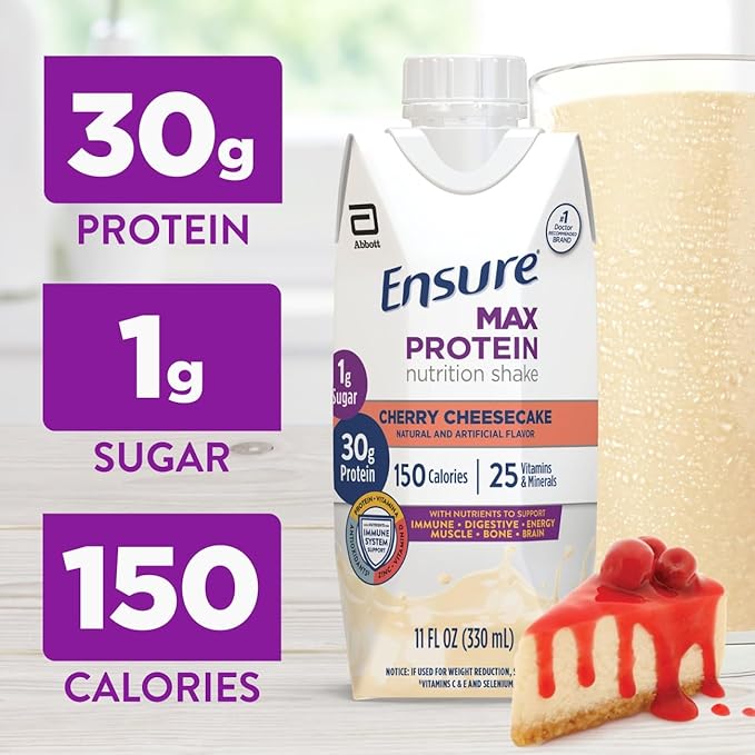Ensure Max Protein Shake | Cherry Cheesecake | Ready to Drink | 30g Protein for Muscle Health | 1g Sugar, 4g Fiber | 11 fl oz, 12 Pack