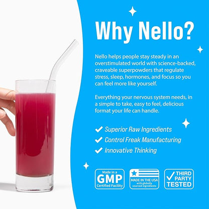 Nello Supercalm Powdered Drink Mix, Cortisol Reducer*, Sleep Aid Supplement, L Theanine, Ksm-66 Ashwagandha, Magnesium Glycinate, Vitamin D 3, No Sugar, Non GMO, 20 Ct, BlackBerry Lemonade