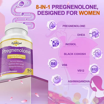 Pregnenolone with Ashwagandha for Women, Pregnenolone 100mg (2 Tablets) or 50mg (1 Tablet) Dose, 8-in-1 Formula with DHEA, Black Cohosh, Dual-Dosing, Vegan, Gluten Free, 30 Chewable Tablets