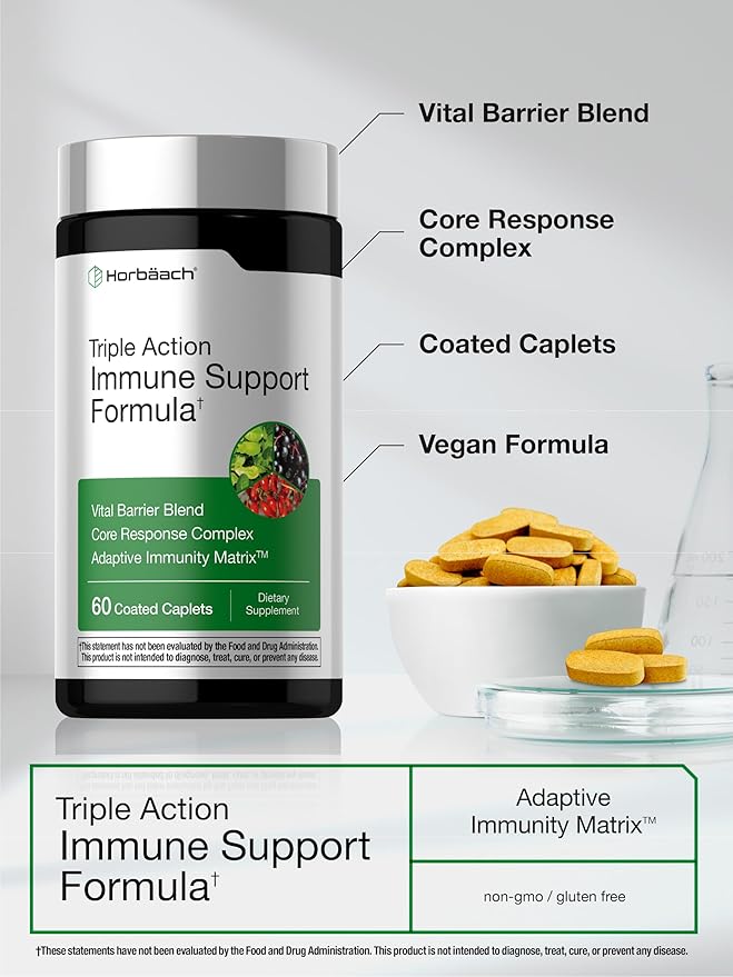 Horbäach Immune Support Supplement | 60 Coated Caplets | with Vitamin C, Zinc & Elderberry | Triple Action | Adaptive Immunity Matrix | Vegan, Non-GMO, Gluten Free