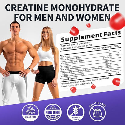 99.99% Creatine Monohydrate Gummies for Men & Women, 5,000mg Tasty Creatine Gummies for Muscle Strength, Endurance, Recovery & Sugar Free, Gluten-Free, Vegan, Non-GMO, 120 Count