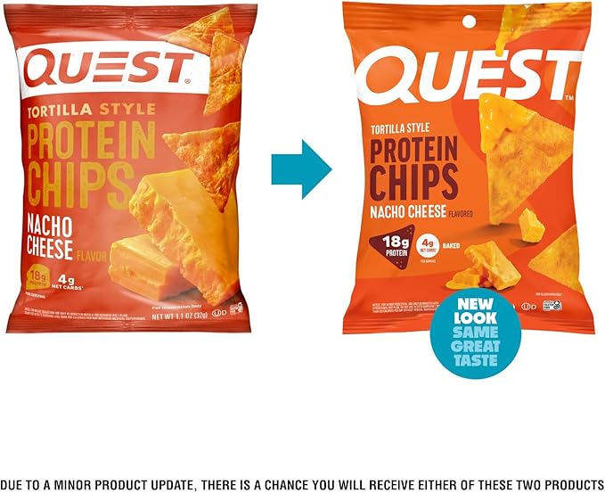 Quest Nutrition Nacho Cheese Tortilla Style Protein Chips, 18g Protein, 4g Net Carb, Low Carb, Gluten Free, 1.1 oz (Pack of 12)