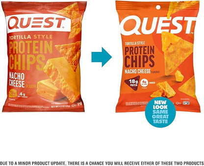 Quest Nutrition Nacho Cheese Tortilla Style Protein Chips, 18g Protein, 4g Net Carb, Low Carb, Gluten Free, 1.1 oz (Pack of 12)