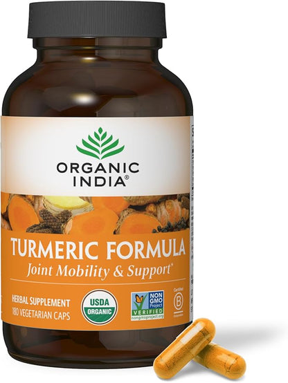 ORGANIC INDIA Turmeric Curcumin Herbal Supplement - Joint Mobility & Immune Support, Healthy Inflammatory Response, Whole Root Supplement, Trikatu, USDA Certified Organic, Non-GMO - 180 Capsules