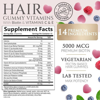 Hair Vitamins Gummies - Sugar Free Hair Growth Support Gummy with Biotin 5000 mcg Per Serving, Vitamin A, B12, C, D, E, Folic Acid - Supports Strong Beautiful Hair and Nails, Vegetarian - 120 Gummies