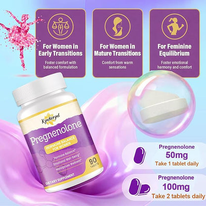 Pregnenolone with Ashwagandha for Women, Pregnenolone 100mg (2 Tablets) or 50mg (1 Tablet) Dose, 8-in-1 Formula with DHEA, Black Cohosh, Dual-Dosing, Vegan, Gluten Free, 180 Chewable Tablets