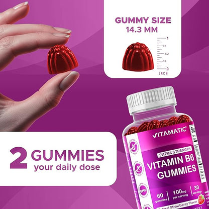 Vitamatic Vitamin B6 100mg - Berry Flavor - 60 Pectin Based Gummies - Supports Nervous System