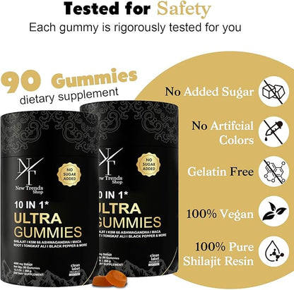 Shilajit Gummies 10-in-1 Ultra Shilajit Gummies | 4000 mg Pure Shilajit, Tongkat Ali, Maca Root, 75% Fulvic Acid | Sugar-Free Vegan, 85+ Trace Minerals | 90 Pack