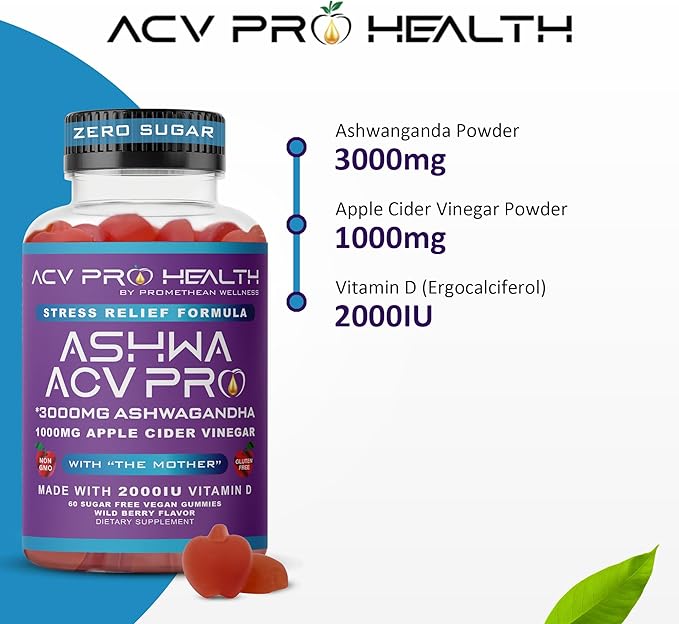 Ashwa ACV Pro Health - Sugar Free Apple Cider Vinegar Gummies with Ashwagandha, Advanced Keto, Stress Relief Supplements with Vitamin D, 1g Carbs Per Gummy (60 Count)