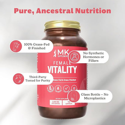 MK Supplements Female Vitality | Grass-Fed Beef Organs for Women | Spleen, Uterus, Ovaries, Fallopian Tubes & Kidney | No Phytoestrogens | 150 Capsules