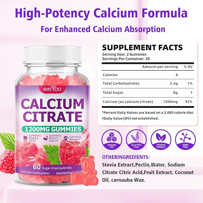 High Absorption Calcium Citrate Gummies 1200mg - Bone & Teeth Support for Adults & Kids, Vegan, Non-GMO, Sugar-Free Gummies, Raspberry Flavor, 60 Count