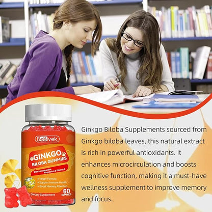 Ginkgo Biloba Gummies with Ashwagandha, Vitamin C & Magnesium - Vegan, Non-GMO, Gluten-Free - Raspberry Flavor, 60 Count
