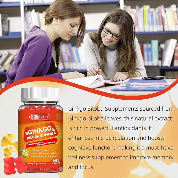 2 Pack Ginkgo Biloba Gummies with Ashwagandha, Vitamin C & Magnesium - Vegan, Non-GMO, Gluten-Free - Raspberry Flavor, 120 Count