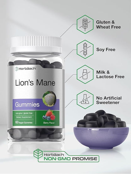Horbäach Lion's Mane Supplement | 60 Vegan Gummies for Adults | Non-GMO and Gluten Free