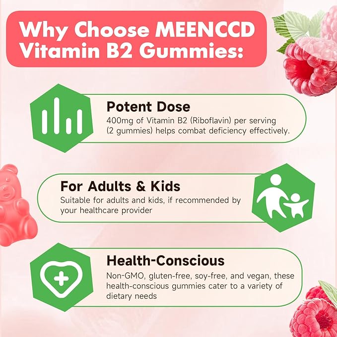 MEENCCD Vitamin B2 Gummies Riboflavin 400mg Supplement with Magnesium for Kids & Adults, B2 Gummies for Migraine Relief & Nervous System Support, Vegan, Sugar-Free, Raspberry Flavor, 60 Count