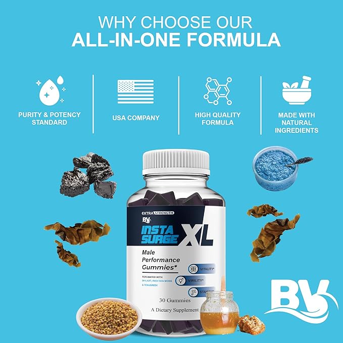 BLUE VIBE Insta Surge XL Performance Gummies, InstaSurgeXL Advanced Overall Health and Daily Natural Performance Formula Supplement, InstaSurge XL Maximum Support (1 Pack - 30 Gummies)