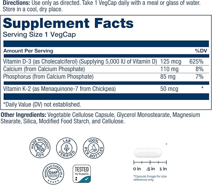 SOLARAY Vitamin D3 K2 - Bone Health and Immune Support Supplement - With 5000 IU Vitamin D as Vit D3 and 50 mcg Vitamin K2 as Menoquinone MK7, Made Without Soy, 60-Day Guarantee, 180 Serv, 180 VegCaps