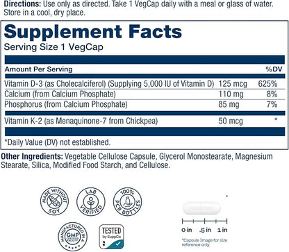 SOLARAY Vitamin D3 K2 - Bone Health and Immune Support Supplement - With 5000 IU Vitamin D as Vit D3 and 50 mcg Vitamin K2 as Menoquinone MK7, Made Without Soy, 60-Day Guarantee, 180 Serv, 180 VegCaps