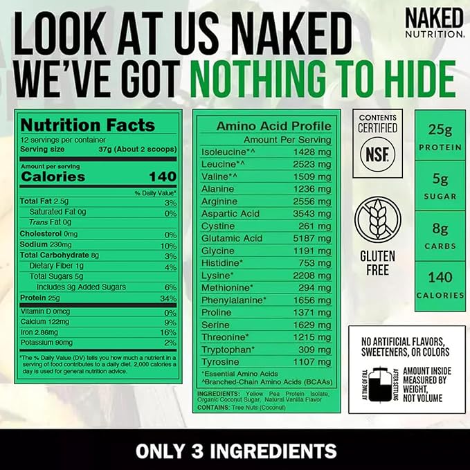 NAKED Vanilla Pea Protein Isolate from North American Farms, Only 3 Ingredients, Vanilla Vegan Protein, NSF Certified, Gluten-Free, Soy Free, GMO Free - 1LB