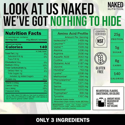 NAKED Vanilla Pea Protein Isolate from North American Farms, Only 3 Ingredients, Vanilla Vegan Protein, NSF Certified, Gluten-Free, Soy Free, GMO Free - 1LB