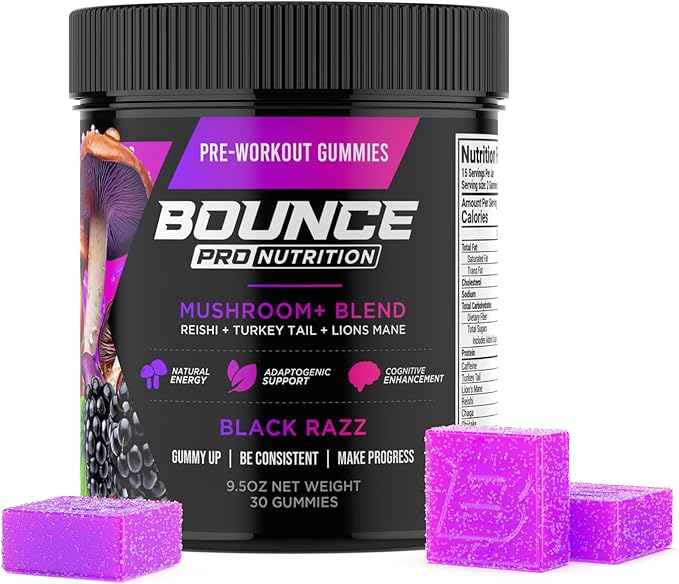 Bounce Pro Pre Workout Gummies – 30 Vegan Chewable Gummies with Caffeine, Lion’s Mane & L-Theanine for Energy, Focus & Endurance – Mushroom Preworkout for Men & Women – Black Razz Flavor
