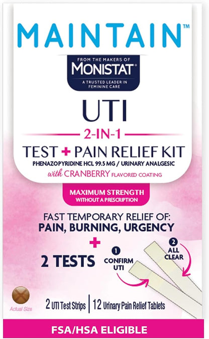 Monistat Maintain UTI 2-in-1 Test & Pain Relief Kit, 2 Test Strips & 12 Urinary Pain Relief Tablets, 2 Minute Results and Maximum Strength Pain, Burning and Urgency Relief