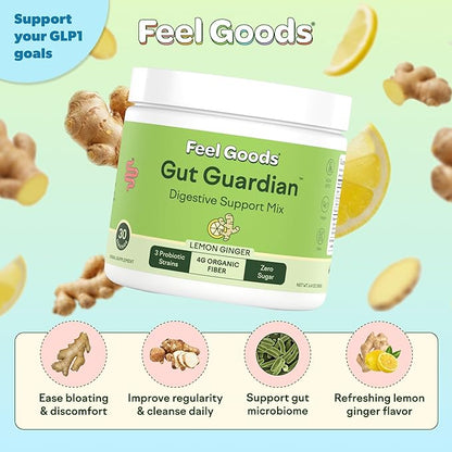Feel Goods Gut Guardian, Gut Health Powder Drink Mix - Probiotic Fiber Powder with Prebiotics & L Glutamine for Digestive Health, Bloating Relief & Digestion Support - Zero Sugar & Organic Flavor