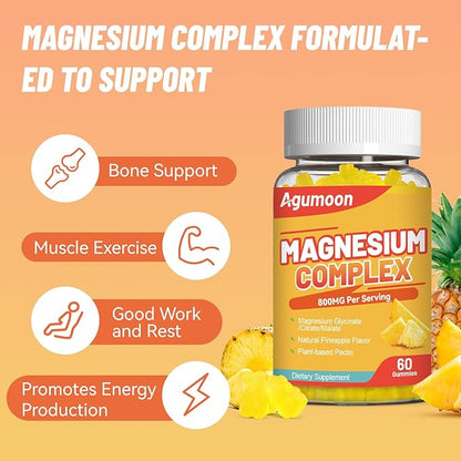 Magnesium Complex Gummies 800mg with Zinc & Vitamins B6, B12, C, D3, 60 Pineapple Gummies, High Absorption Glycinate, Citrate, Malate, Non-GMO, Gluten-Free