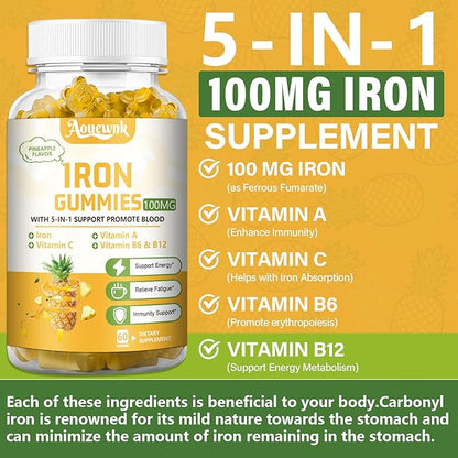 2 Packs 100MG Iron Supplements Gummies for Women & Men - Contains Vitamin C, A, B - Suitable Adults & Kids, Iron Deficiency, Immune & Energy Support, Pineapple Flavor, Non-GMO, 120 Counts