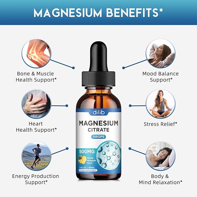 Magnesium Citrate Liquid Drops, Liquid Magnesium Supplement 500mg, Support Stress Relief, Sleep, Mood, Bones, Muscles, Relaxation, Vegan Natural Pineapple Flavor 4 Fl Oz