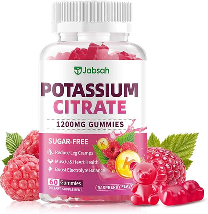 Potassium Citrate Gummies 1200mg, Sugar-Free Potassium Supplement for Adults Women & Men, Supports Leg Cramps & Muscle & Heart Health, Vegan, Gluten Free - Raspberry Flavor (60 Count)