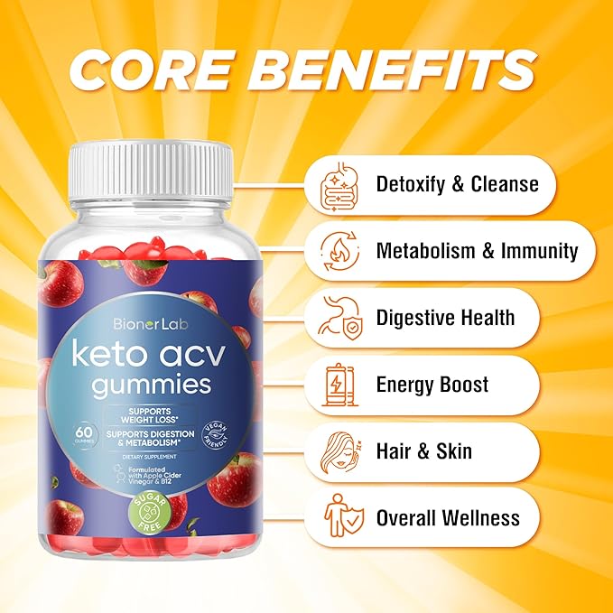 BionerLab Keto ACV Advanced Weight Loss Gummies - Apple Cider Vinegar Gummy for Belly Fat Burn - Support Metabolism Digestion Boost - Sugar Free with B12 B6 to Lose Weight & Ketogenic Diet Management