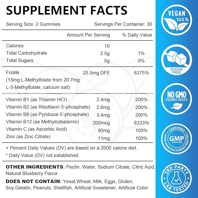 2 Pack L-Methylfolate 15mg Gummies with Methyl B12, Folate 5-MTHF Supplement for Mood, Brain Health, Cognition & Immunity, Sugar Free, Vegan, Non-GMO, 120 Count