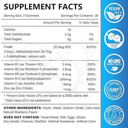 2 Pack L-Methylfolate 15mg Gummies with Methyl B12, Folate 5-MTHF Supplement for Mood, Brain Health, Cognition & Immunity, Sugar Free, Vegan, Non-GMO, 120 Count