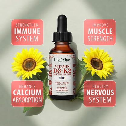 Live Wise Naturals Vitamin D3 K2 Kids Liquid Drops - 112 Servings, Ultra Concentrated Formulation, Fast Absorption 800 IU & 35 MCG for Calcium & Bone Support - Daily Nutritional Support Parents Trust