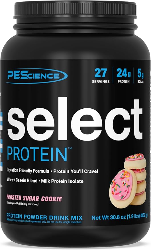 PEScience Select Protein Powder, Whey and Casein Blend, Lean Protein Powder for Women and Men, Low Calorie, Low Carb, Keto Friendly, Gluten Free, Frosted Sugar Cookie - 27 Servings