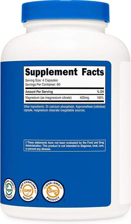 Nutricost Magnesium Citrate 420mg, 240 Veggie Capsules - 60 Servings, Gluten Free, Non-GMO, Vegetarian Friendly