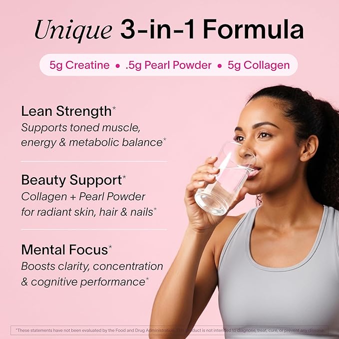 Ladywell Creatine Pearl Complex | 3-in-1 Formula for Women | Creatine Monohydrate, Collagen & Pearl Powder | Supports Energy, Skin Health, Mental Clarity, Metabolism & Lean Muscle | 30 Servings