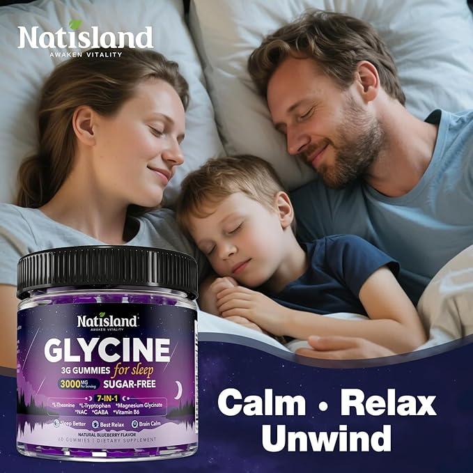 Glycine Gummies for Sleep, Glycine 3g Supplements with NAC, Magnesium Glycinate, L-Theanine, GABA, L Tryptophan, B6 for Relax, Nerve & Brain, Melatonin Free, Sugar Free, Vegan, Blueberry Flavor, 60 Ct