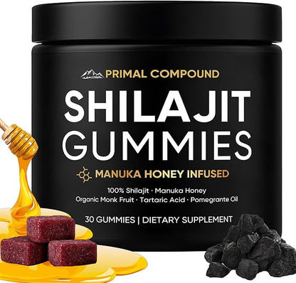 Primal Compound Shilajit Gummies for Men,with Manuka Honey, Organic Monk Fruit & Fulvic Acid, Shilajit Gummies Energy Supplements, 30 Gummies