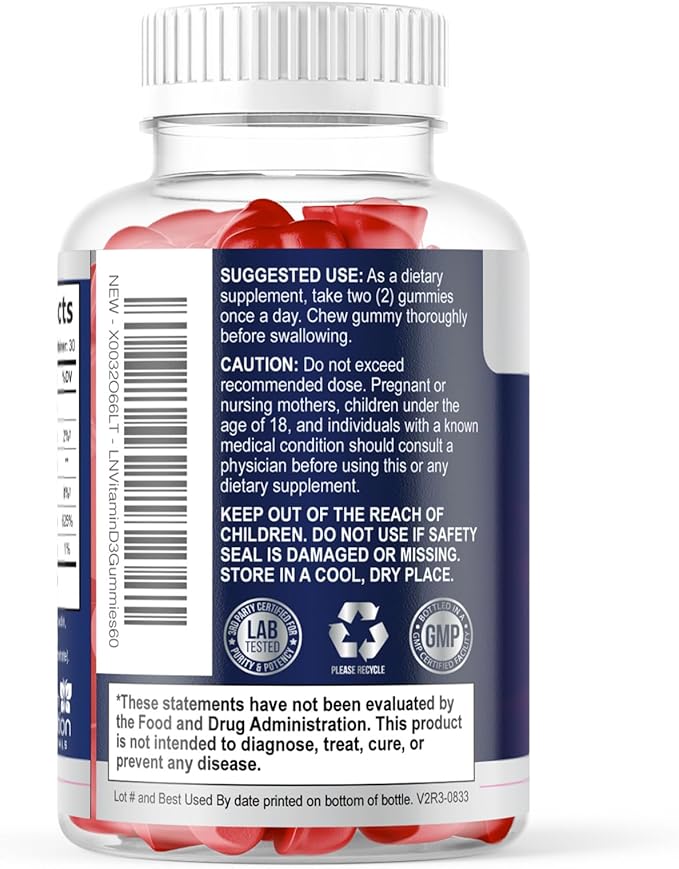 Vitamin D3 Gummies 125 mcg (5000 IU) Per Serving - 3X Strength Immune Support & Bone Support, Vitamin D Gummy Dietary Supplement, Nature's Berry D Vitamin Supplement, Raspberry Flavored - 60 Gummies