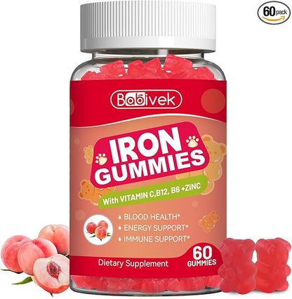 Iron Supplement Gummies for Women & Men - Iron Gummies with Folate Vitamin C B12 B6 Zinc, Peach Flavor, Vegan 60 Gummies