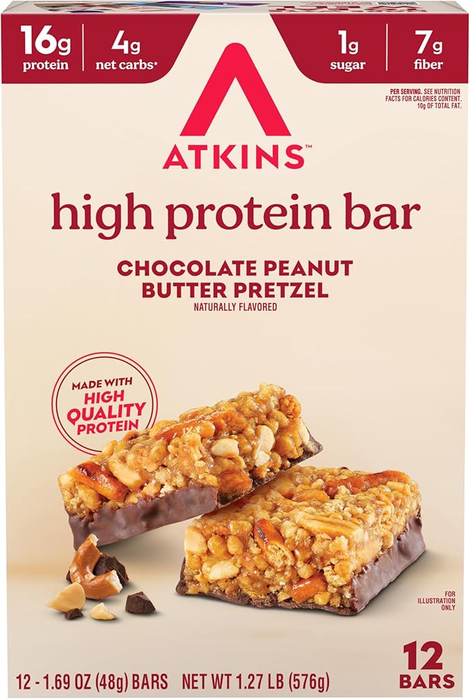 Atkins Chocolate Peanut Butter Pretzel High Protein Bar, High Fiber, 16g Protein, 1g Sugar, 4g Net Carbs, Keto Friendly, 12 Count