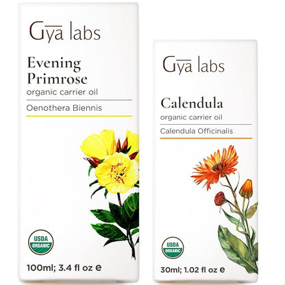 Gya Labs Organic Evening Primrose Oil for Dry Skin (3.4 fl oz) & Calendula Oil Organic for Skin (1 fl oz) Set - Aromatherapy Grade Essential Oils Set